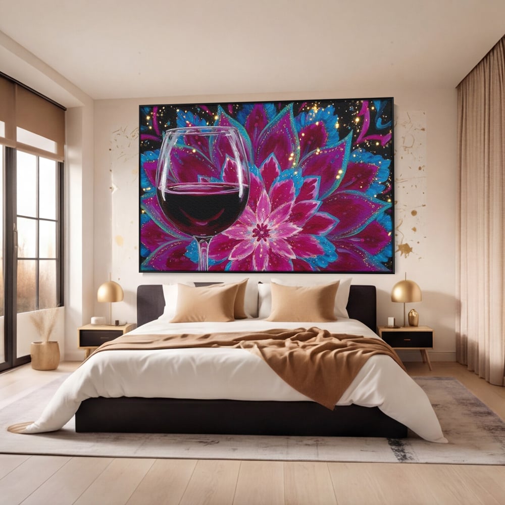 Tablou canvas cu tablou canvas cu pahar de vin si mandala, in rama de aluminiu negru, pe perete intr-un dormitor